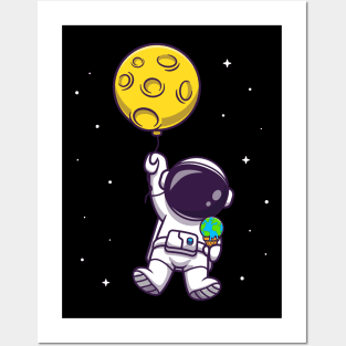 Cute Astronaut Floating With Moon Balloon And Earth Ice  Cream Cartoon Posters and Art